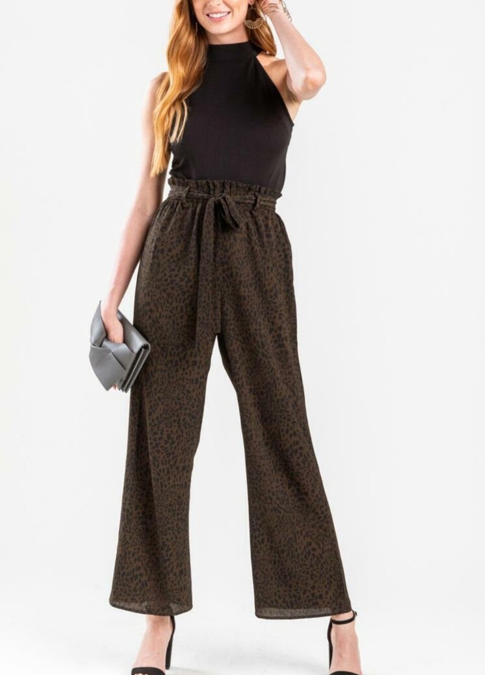 mi Ami brand Brown Leopard-Print Paperbag Waist Wide-Leg Jumpsuit size S EUC